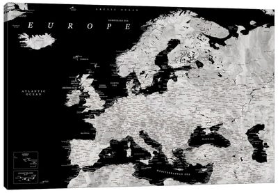 Detailed Europe Map In Black And Grey Watercolor Canvas Art Print - blursbyai