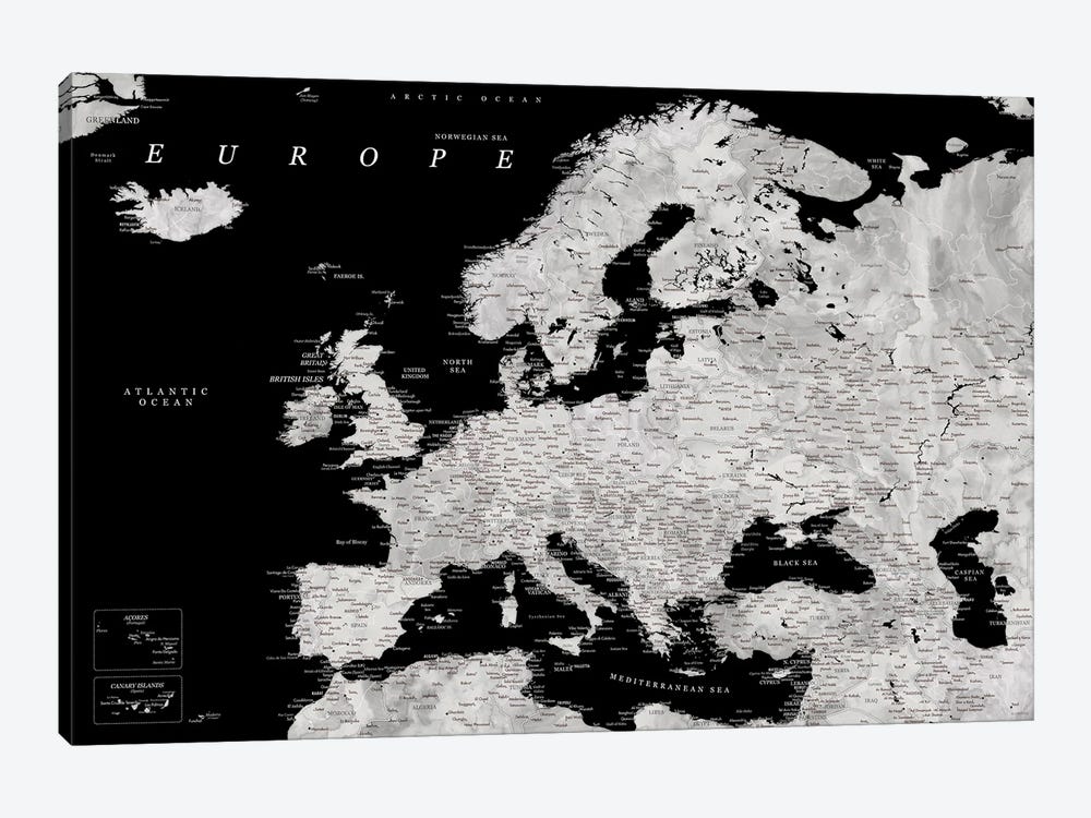 Detailed Europe Map In Black And Grey Watercolor by blursbyai 1-piece Canvas Artwork