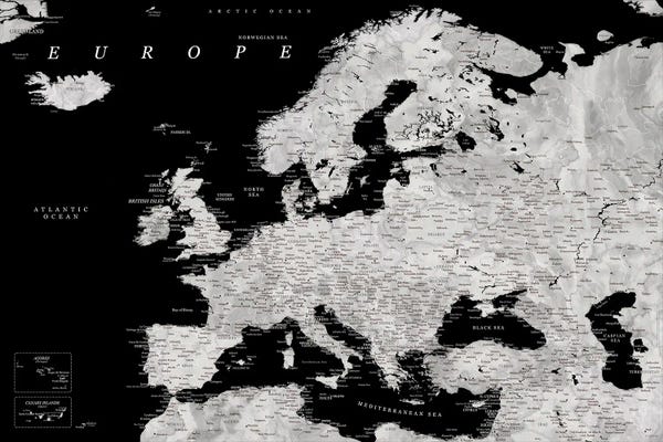 blursbyai: Detailed Europe Map In Black And Grey Watercolor by blursbyai