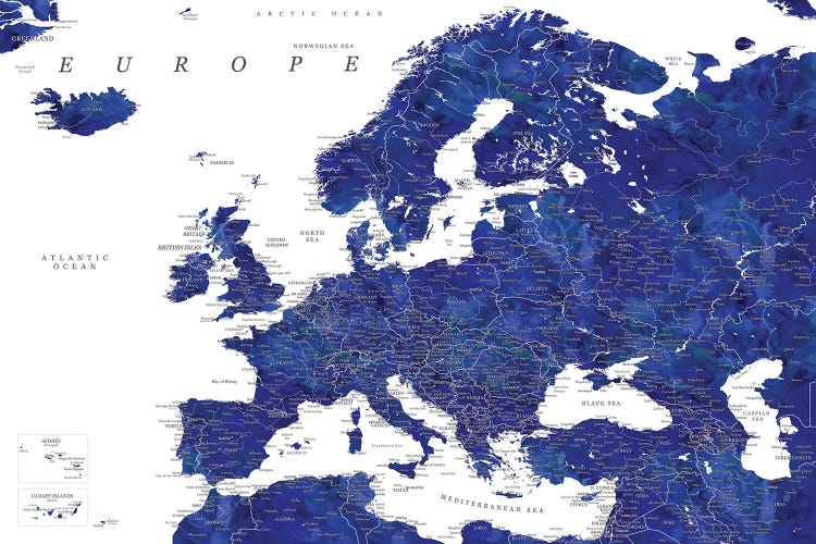 Detailed Europe Map In Navy Blue by blursbyai wall art