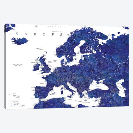 Detailed Europe Map In Navy Blue Canvas Print #RLZ332} by blursbyai Canvas Print