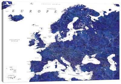 Detailed Europe Map In Navy Blue Canvas Art Print - blursbyai