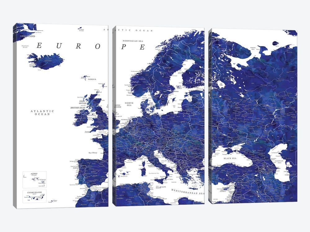 Detailed Europe Map In Navy Blue by blursbyai 3-piece Canvas Art Print