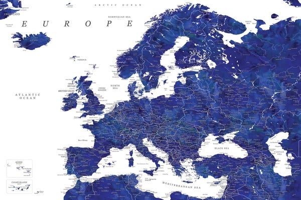blursbyai: Detailed Europe Map In Navy Blue by blursbyai