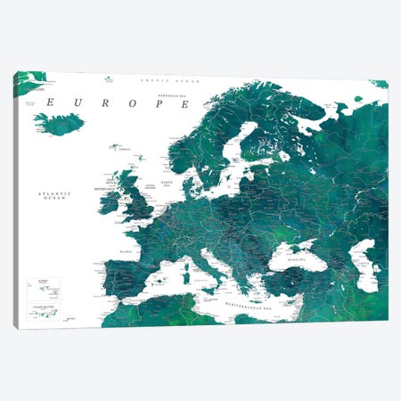 Detailed Europe Map In Teal Canvas Print #RLZ333} by blursbyai Art Print
