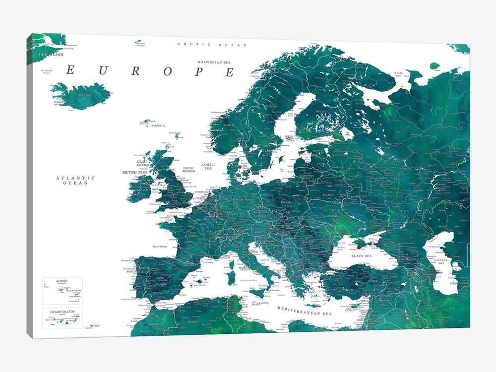 Detailed Europe Map In Teal by blursbyai 1-piece Canvas Art