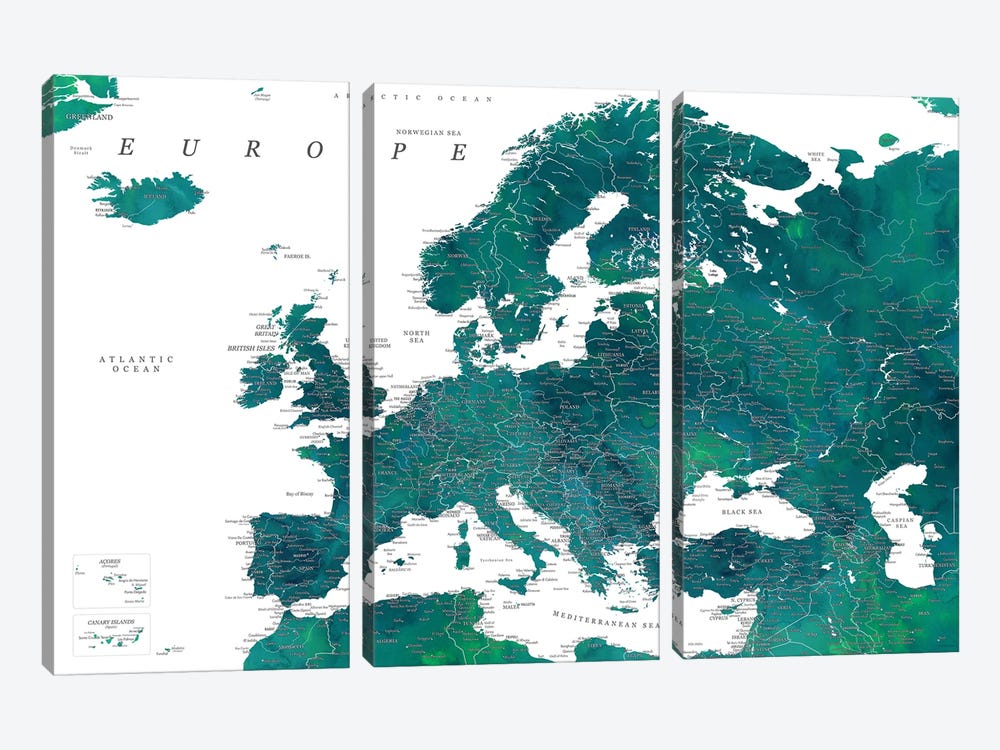 Detailed Europe Map In Teal by blursbyai 3-piece Canvas Wall Art