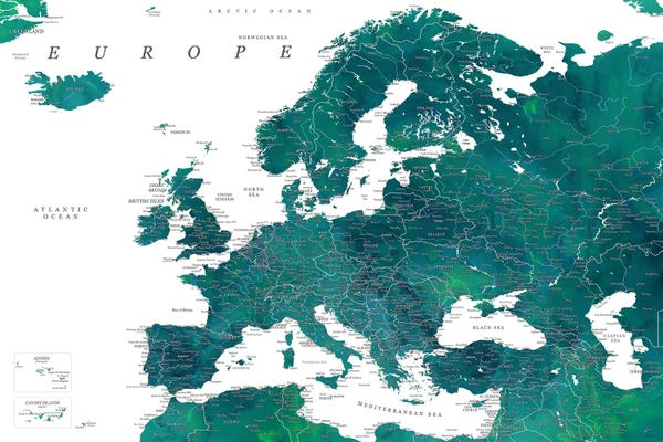 blursbyai: Detailed Europe Map In Teal by blursbyai