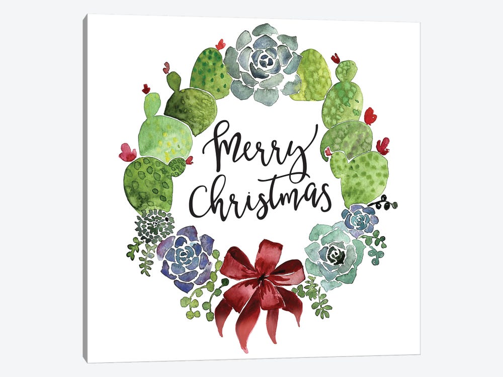 Cacti Wreath Merry Christmas by blursbyai 1-piece Canvas Print