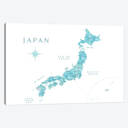 Map Of Japan In Aquamarine Watercolor Canvas Print #RLZ380} by blursbyai Canvas Artwork
