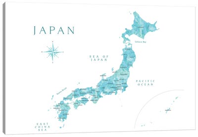 Map Of Japan In Aquamarine Watercolor Canvas Art Print - blursbyai