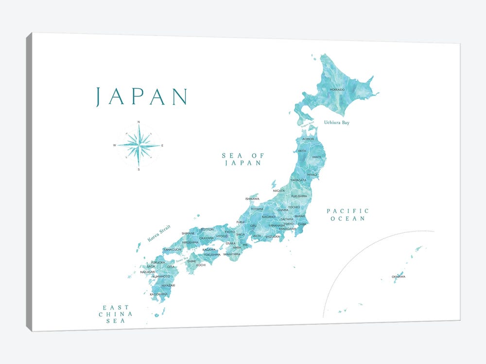 Map Of Japan In Aquamarine Watercolor by blursbyai 1-piece Canvas Art