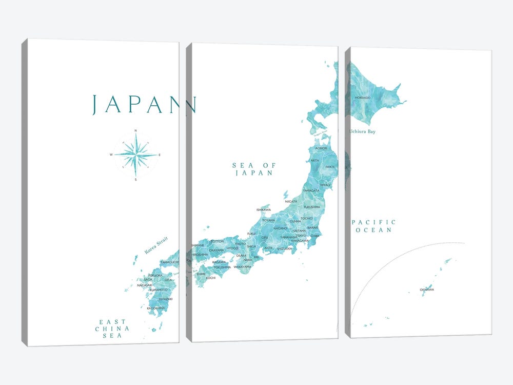 Map Of Japan In Aquamarine Watercolor by blursbyai 3-piece Canvas Wall Art