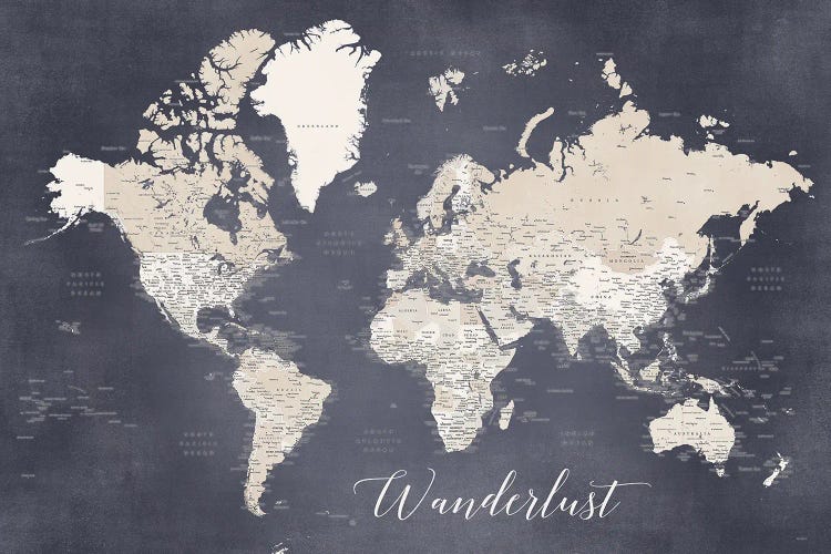 Wanderlust Detailed World Map In Distressed Blue And Brown, Glyn