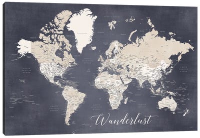 Wanderlust Detailed World Map In Distressed Blue And Brown, Glyn Canvas Art Print - Adventure Seeker