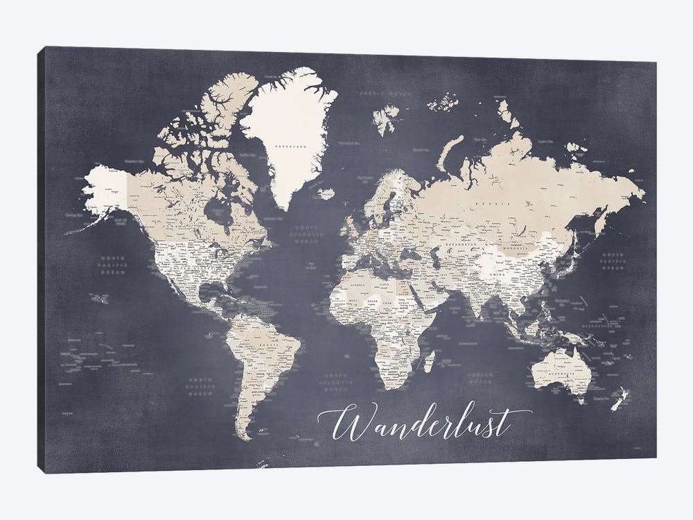 Wanderlust Detailed World Map In Distressed Blue And Brown, Glyn by blursbyai 1-piece Canvas Print