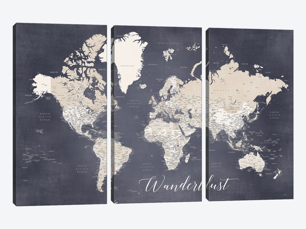 Wanderlust Detailed World Map In Distressed Blue And Brown, Glyn by blursbyai 3-piece Art Print