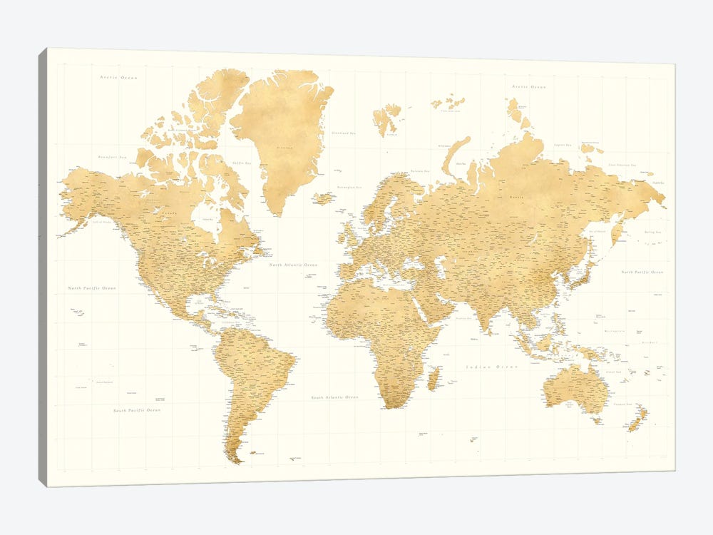 Highly Detailed World Map In Gold Ochre And - Canvas Print | blursbyai