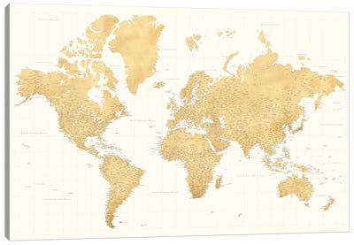 Highly Detailed World Map In Gold Ochre And Cream, Senen Canvas Art Print - World Map Art