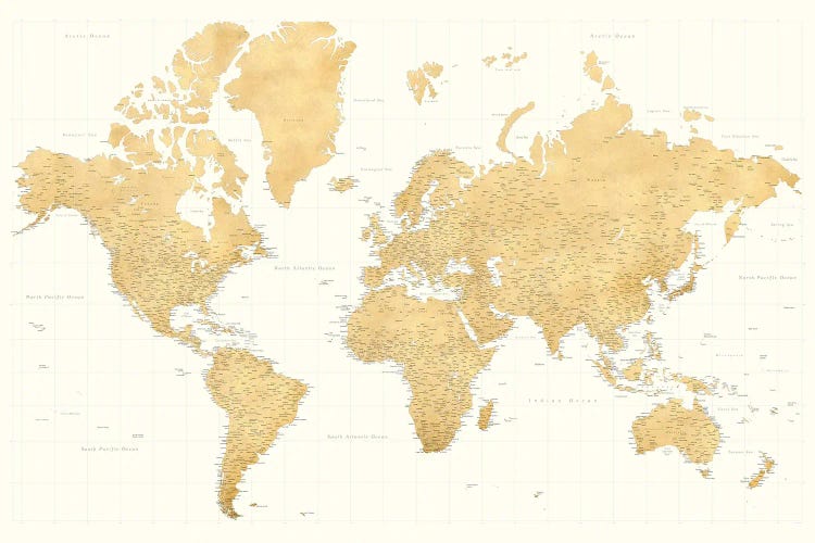 Highly Detailed World Map In Gold Ochre And Cream, Senen