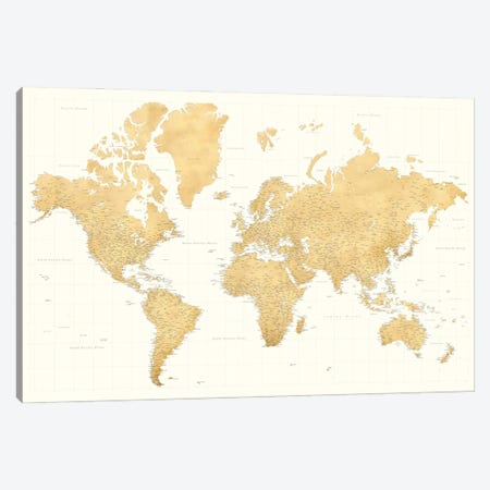 Highly Detailed World Map In Gold Ochre And Cream, Senen Canvas Print #RLZ387} by blursbyai Canvas Print