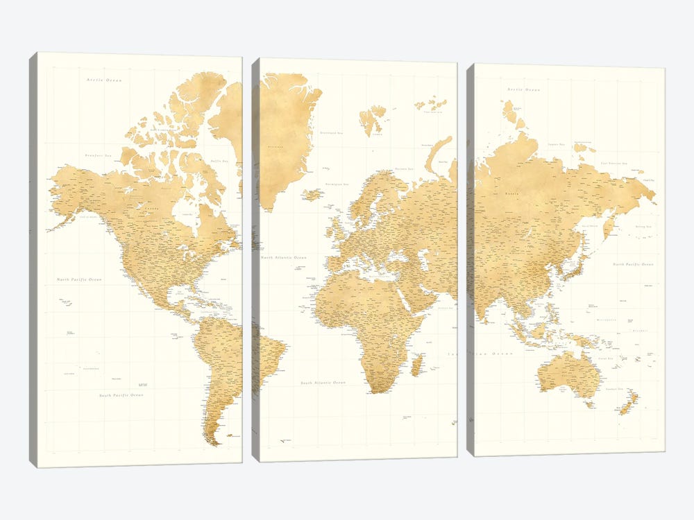 Highly Detailed World Map In Gold Ochre And Cream, Senen by blursbyai 3-piece Canvas Art Print
