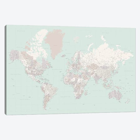 Highly Detailed World Map In Mint And Muted Tones, Kalila Canvas Print #RLZ388} by blursbyai Canvas Artwork