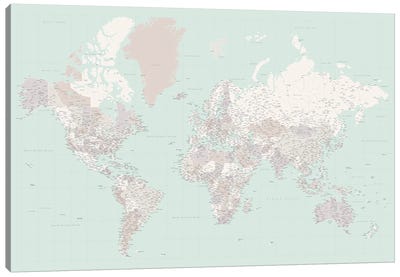 Highly Detailed World Map In Mint And Muted Tones, Kalila Canvas Art Print - blursbyai