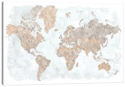 Highly Detailed Watercolor World Map, Calista Canvas Art Print - blursbyai
