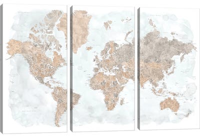 Highly Detailed Watercolor World Map, Calista Canvas Art Print - 3-Piece Map Art