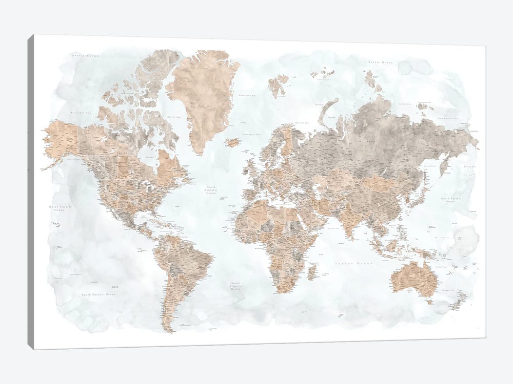 Highly Detailed Watercolor World Map, Calista by blursbyai 1-piece Canvas Print