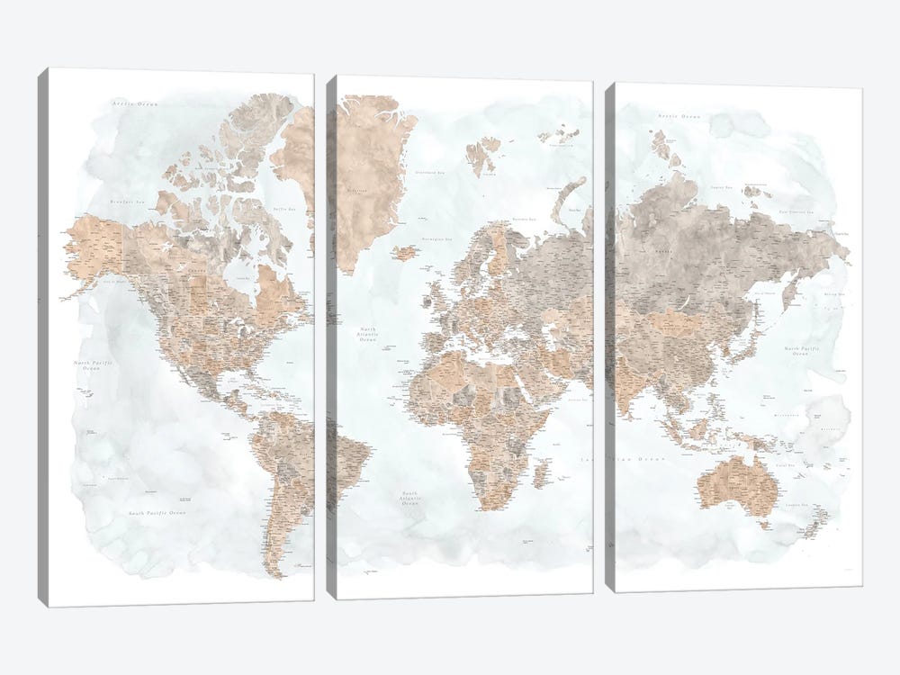 Highly Detailed Watercolor World Map, Calista by blursbyai 3-piece Canvas Print