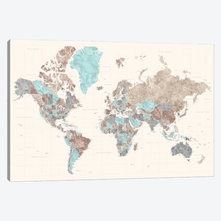 Highly Detailed Watercolor World Map, Romy Canvas Print #RLZ390} by blursbyai Canvas Art Print