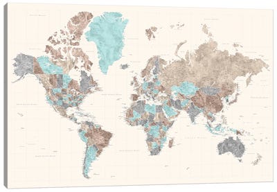 Highly Detailed Watercolor World Map, Romy Canvas Art Print - blursbyai