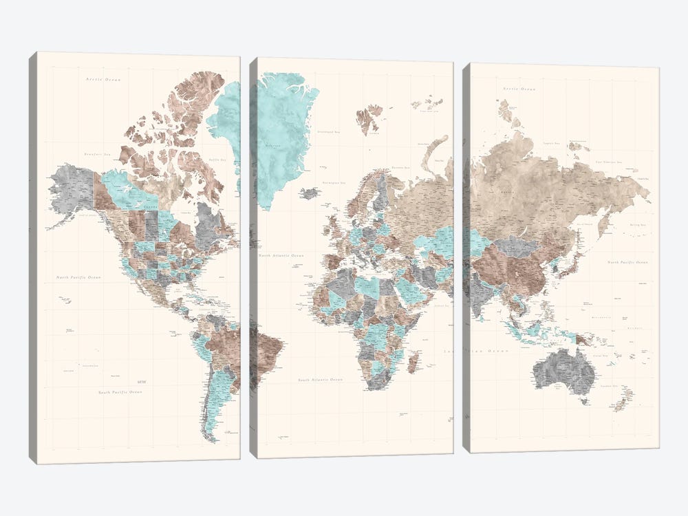 Highly Detailed Watercolor World Map, Romy by blursbyai 3-piece Canvas Print