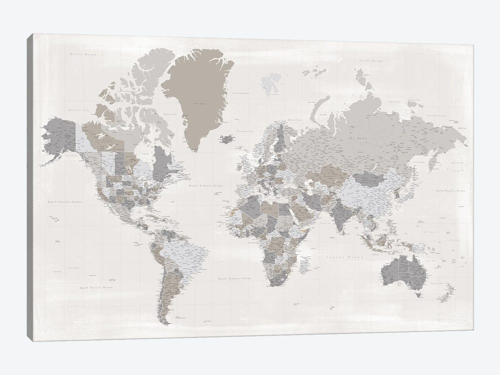 Highly Detailed World Map In Taupe, Donah by blursbyai 1-piece Canvas Wall Art
