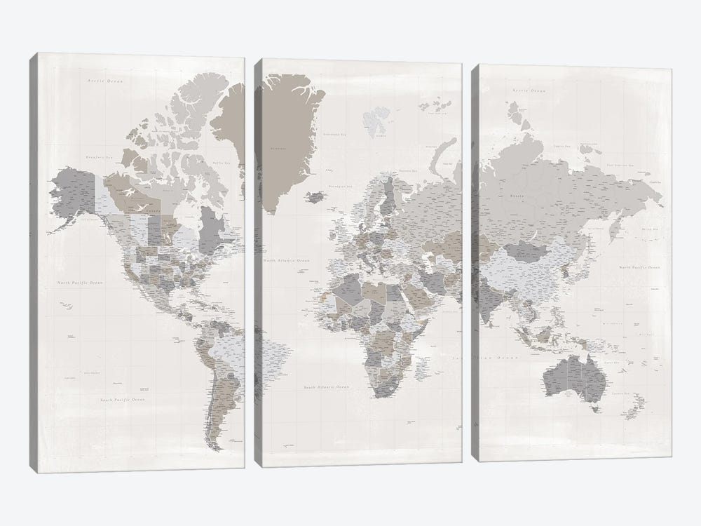 Highly Detailed World Map In Taupe, Donah by blursbyai 3-piece Canvas Art