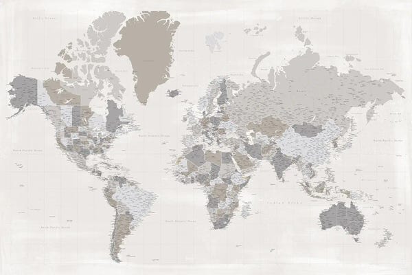 Maps: Highly Detailed World Map In Taupe, Donah by blursbyai