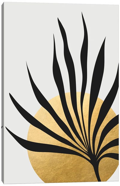 Tropical Sun And Palm Leaf Canvas Art Print - Black, White & Gold Art