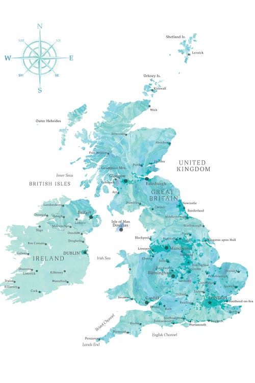 Map Of The United Kingdom In Aquamarine Watercolor