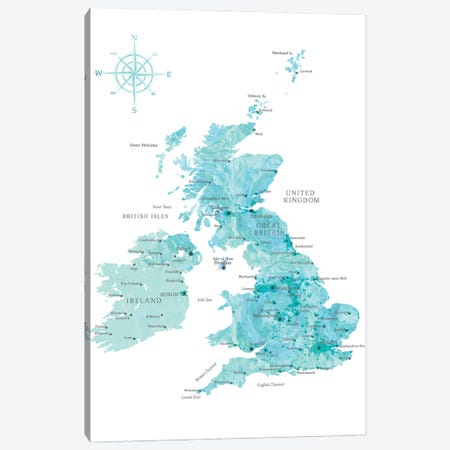 Map Of The United Kingdom In Aquamarine Watercolor Canvas Print #RLZ399} by blursbyai Canvas Art Print