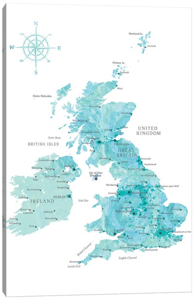 Map Of The United Kingdom In Aquamarine Watercolor Canvas Art Print - blursbyai