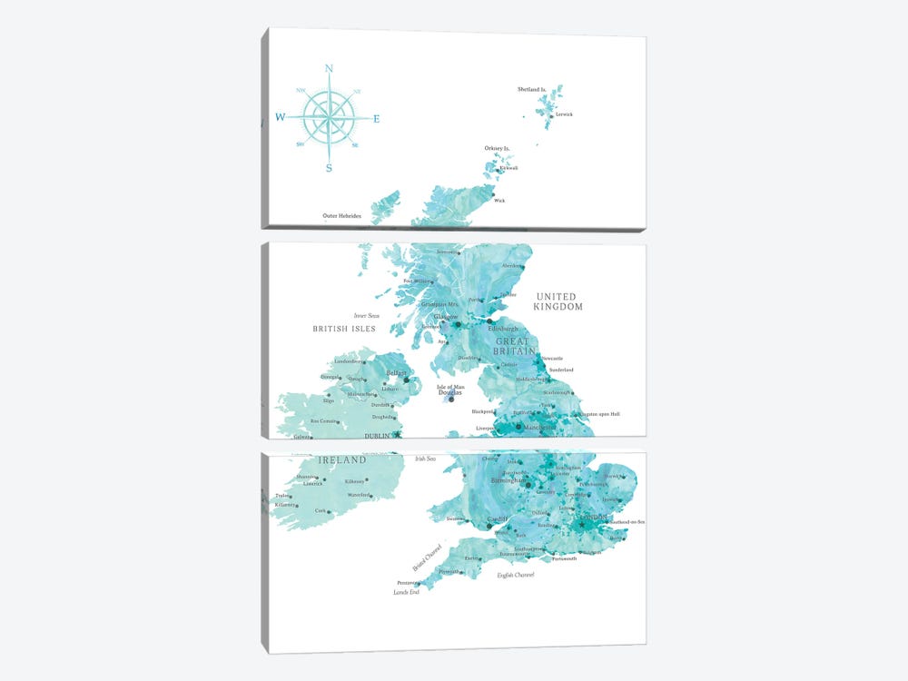 Map Of The United Kingdom In Aquamarine Watercolor by blursbyai 3-piece Canvas Artwork