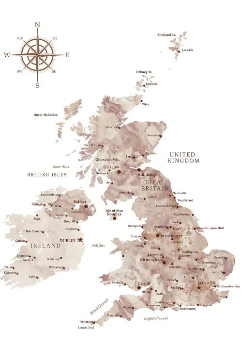 Map Of The United Kingdom In Neutral Watercolor