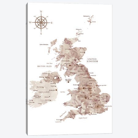 Map Of The United Kingdom In Neutral Watercolor Canvas Print #RLZ400} by blursbyai Canvas Art Print
