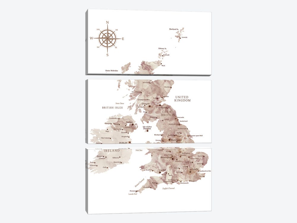 Map Of The United Kingdom In Neutral Watercolor by blursbyai 3-piece Canvas Print