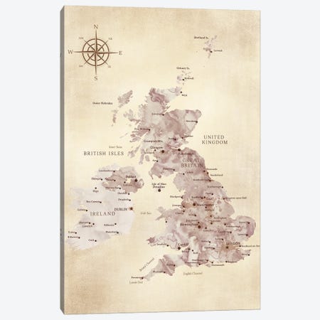 Map Of The United Kingdom In Vintage Style Canvas Print #RLZ401} by blursbyai Art Print
