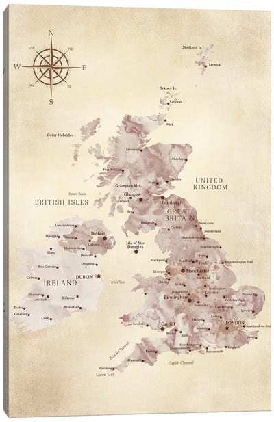 Map Of The United Kingdom In Vintage Style Canvas Art Print - blursbyai