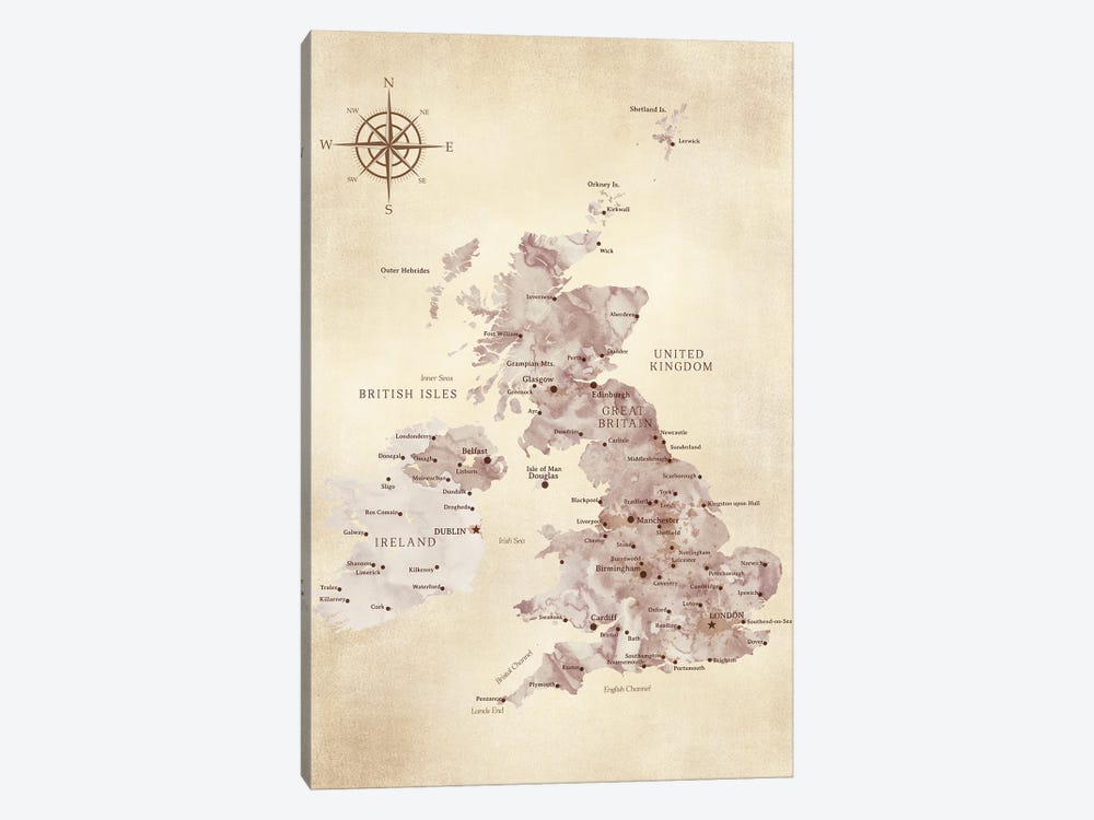 Map Of The United Kingdom In Vintage Style by blursbyai 1-piece Canvas Artwork