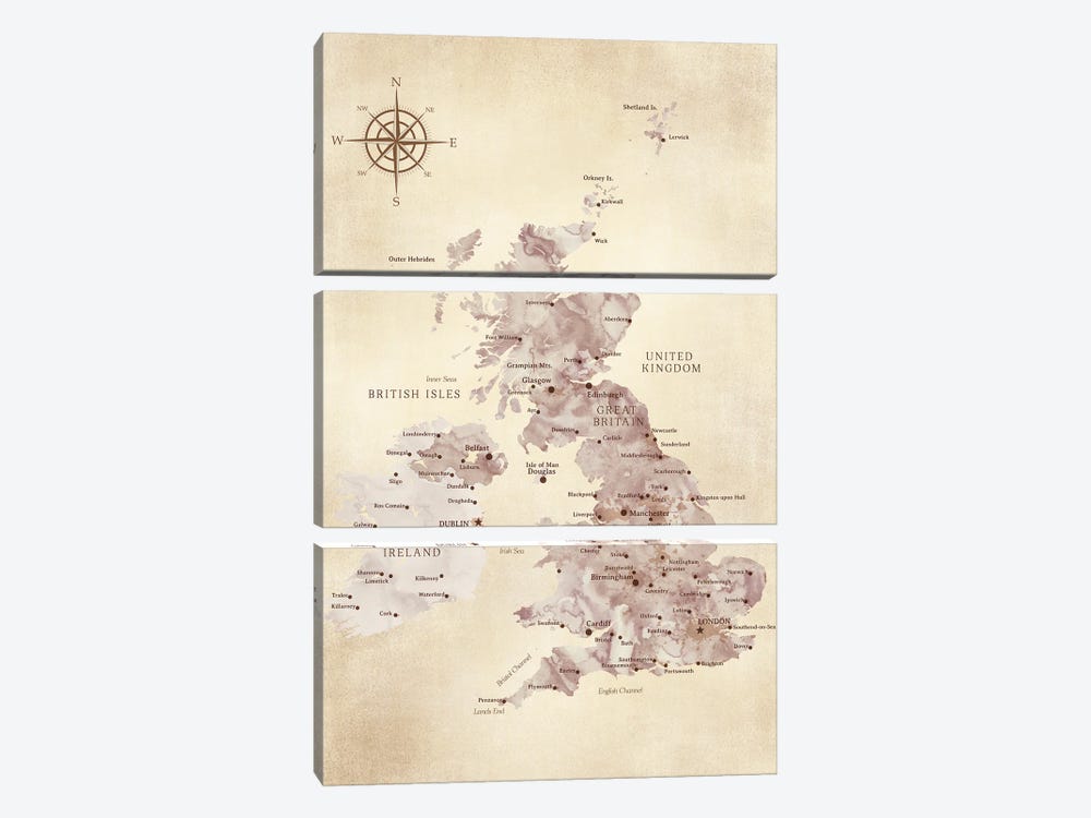 Map Of The United Kingdom In Vintage Style by blursbyai 3-piece Canvas Wall Art